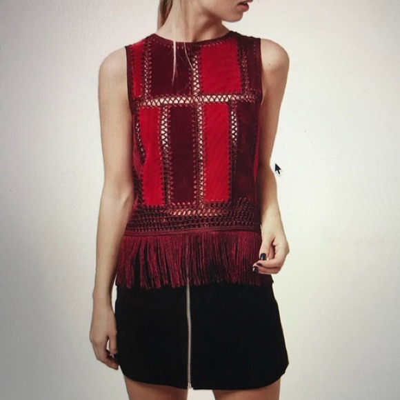 Top Shop Red Fringe Sleeveless Faux Suede Top